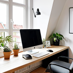 **Ergonomic Workspace:** A bright and airy home office setup in Sweden. Focus on a comfortable desk chair, adjustable monitor, and natural light from a window. Include plants and calming décor.