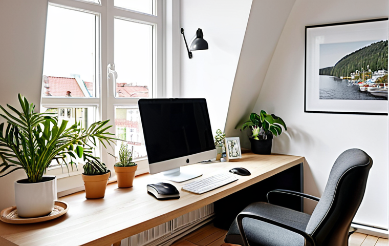 **Ergonomic Workspace:** A bright and airy home office setup in Sweden. Focus on a comfortable desk chair, adjustable monitor, and natural light from a window. Include plants and calming décor.