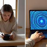 **Prompt 1: Digital Overload to Mindful Creation**
    "A split image or diptych: On the left, a person (20s-30s, neutral gender) with a slightly strained or tired expression, lit by the blue glow of a smartphone or laptop screen, surrounded by subtle, almost glitchy visual elements representing digital notifications and data streams. On the right, the same person, now calm and focused, hands engaged in a tactile, non-digital hobby such as painting with watercolors on a desk bathed in warm natural light, or carefully potting a small plant. The background on the right hints at a cozy, minimalist Swedish-inspired home interior (e.g., light wood, simple lines). The overall composition emphasizes the transition from digital fatigue to peaceful, creative engagement. Realistic, cinematic, high detail, balanced composition."