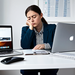 A person, fully clothed in modest business casual attire, sitting at a desk in a contemporary, somewhat cluttered home office. Their expression conveys a sense of digital exhaustion and mental fatigue, eyes tired as they look at multiple screens. The desk is adorned with a laptop, tablet, and smartphone. The background shows hints of a living space. safe for work, appropriate content, fully clothed, professional, perfect anatomy, correct proportions, natural pose, well-formed hands, proper finger count, natural body proportions, high-quality professional photography.