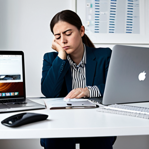 A person, fully clothed in modest business casual attire, sitting at a desk in a contemporary, somewhat cluttered home office. Their expression conveys a sense of digital exhaustion and mental fatigue, eyes tired as they look at multiple screens. The desk is adorned with a laptop, tablet, and smartphone. The background shows hints of a living space. safe for work, appropriate content, fully clothed, professional, perfect anatomy, correct proportions, natural pose, well-formed hands, proper finger count, natural body proportions, high-quality professional photography.
