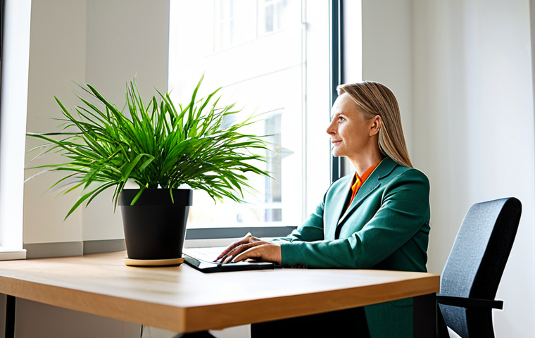 A professional Swedish woman in her late 30s, fully clothed in modest, comfortable yet professional business casual attire. She is sitting naturally at an ergonomic desk in a bright, modern home office. Her posture is relaxed but focused, conveying a sense of calm productivity. The background shows a tastefully decorated, clutter-free home office space with natural light streaming in from a large window. A vibrant green plant is visible on the desk, symbolizing well-being. Professional photography, soft natural lighting, high resolution, sharp focus. safe for work, appropriate content, fully clothed, professional, modest clothing, appropriate attire, professional dress, perfect anatomy, correct proportions, natural pose, well-formed hands, proper finger count, natural body proportions.