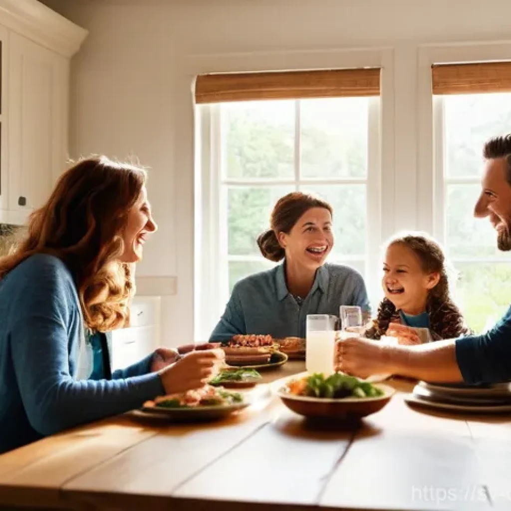 디지털 기기 사용에 대한 경계 설정하기 - **Prompt:** A cozy and inviting kitchen scene during dinner time. A family of four – two parents and...