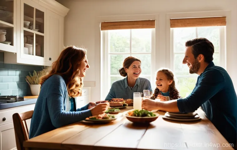 디지털 기기 사용에 대한 경계 설정하기 - **Prompt:** A cozy and inviting kitchen scene during dinner time. A family of four – two parents and...