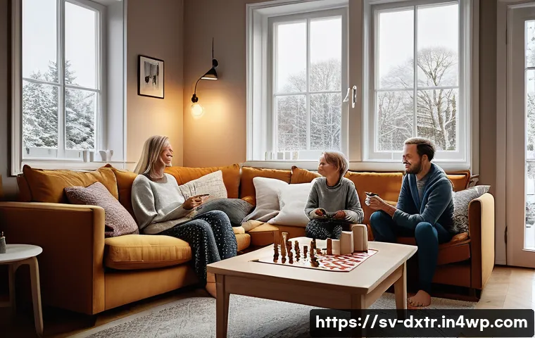 디지털 기기 사용과 사회적 관계의 균형 잡기 - **Prompt:** A cozy, warm-lit Swedish living room in the evening. A family of three (mother, father, ...
