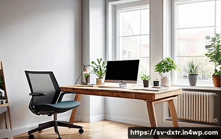 디지털 번아웃 예방을 위한 일상 루틴 설정하기 - A modern Scandinavian home office setup featuring an ergonomic chair and adjustable desk near a larg...