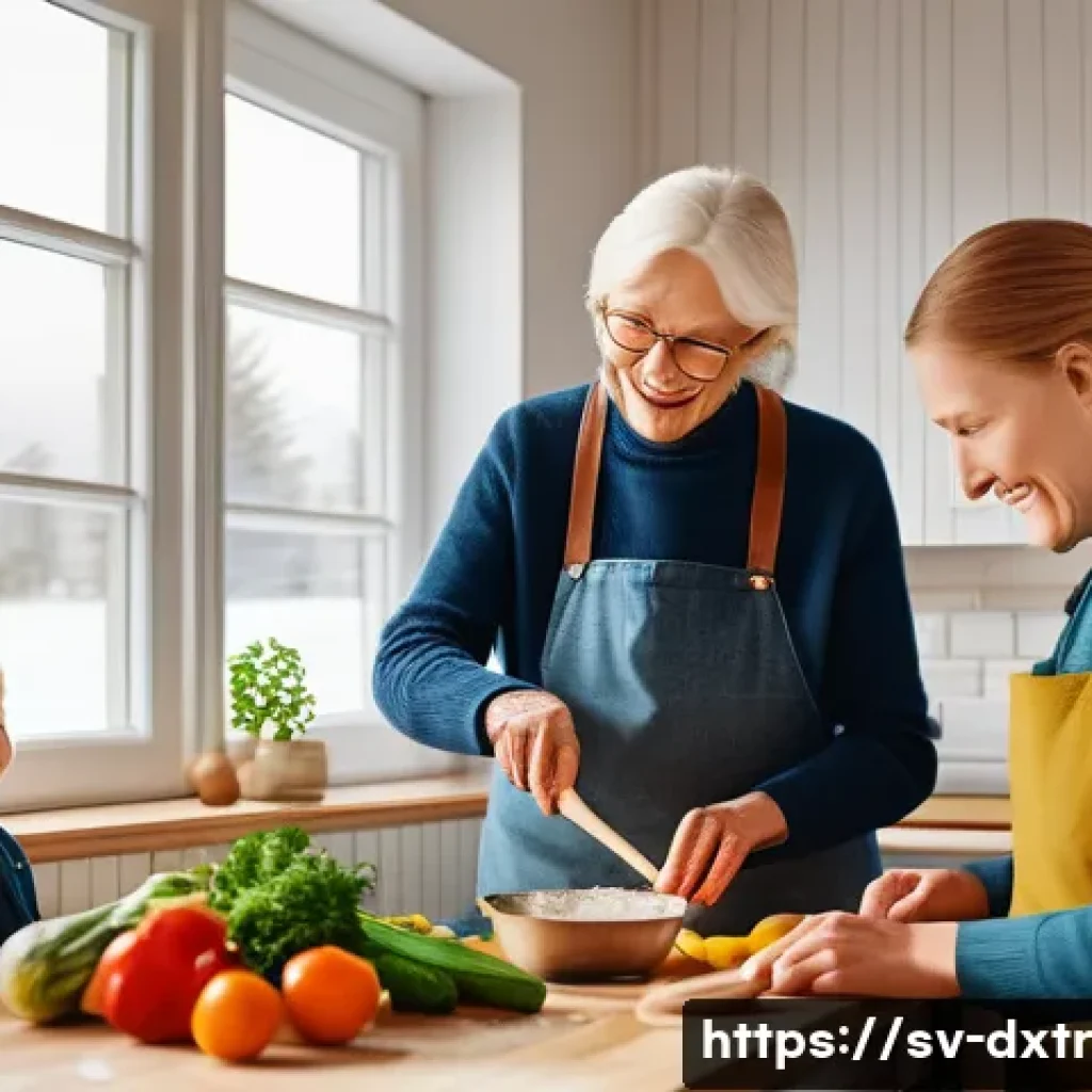 디지털 번아웃 예방을 위한 가족과의 시간 보내기 - A warm, cozy Scandinavian family kitchen scene featuring three generations cooking dinner together: ...