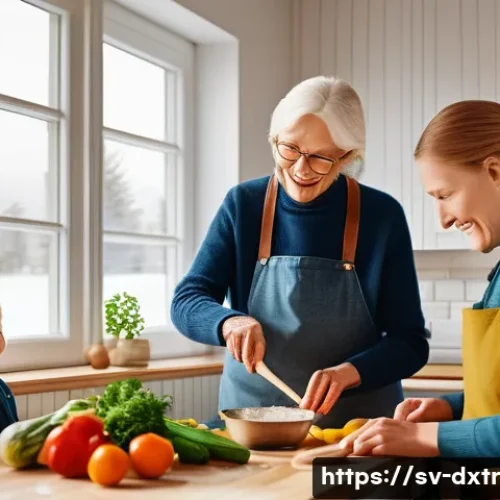 디지털 번아웃 예방을 위한 가족과의 시간 보내기 - A warm, cozy Scandinavian family kitchen scene featuring three generations cooking dinner together: ...