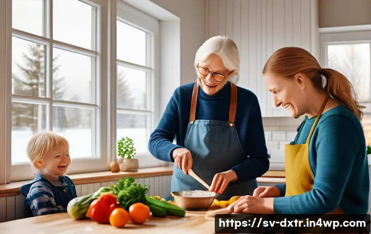 디지털 번아웃 예방을 위한 가족과의 시간 보내기 - A warm, cozy Scandinavian family kitchen scene featuring three generations cooking dinner together: ...