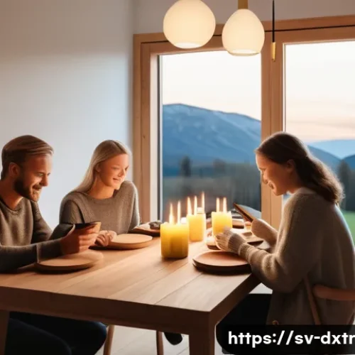 자신만의 디지털 사용 규칙 만들기 - A serene Scandinavian family dinner scene in a cozy modern dining room with natural wood furniture a...