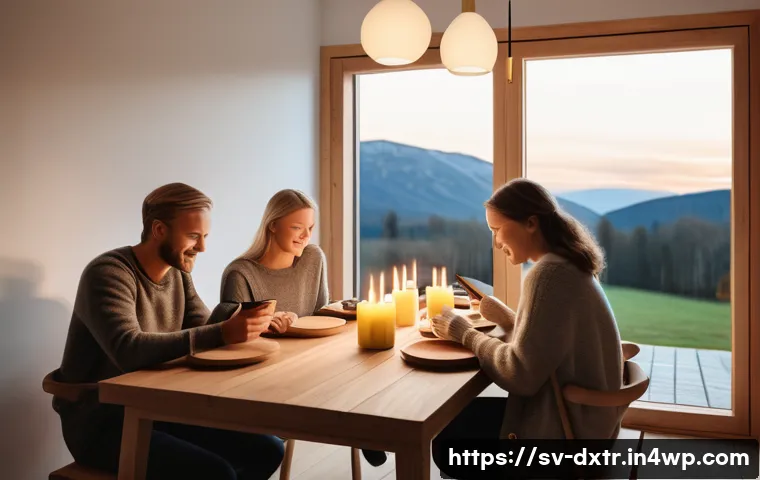 자신만의 디지털 사용 규칙 만들기 - A serene Scandinavian family dinner scene in a cozy modern dining room with natural wood furniture a...