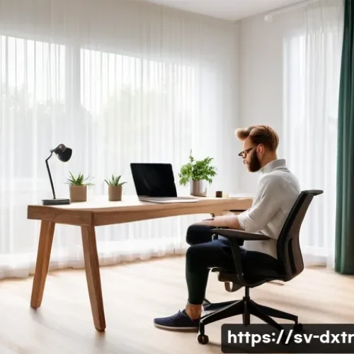 디지털 번아웃 예방을 위한 자가 돌봄 실천 - A cozy Scandinavian home office scene featuring a modern ergonomic workspace with a height-adjustabl...