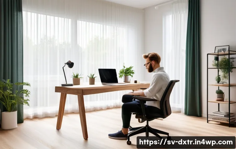 디지털 번아웃 예방을 위한 자가 돌봄 실천 - A cozy Scandinavian home office scene featuring a modern ergonomic workspace with a height-adjustabl...