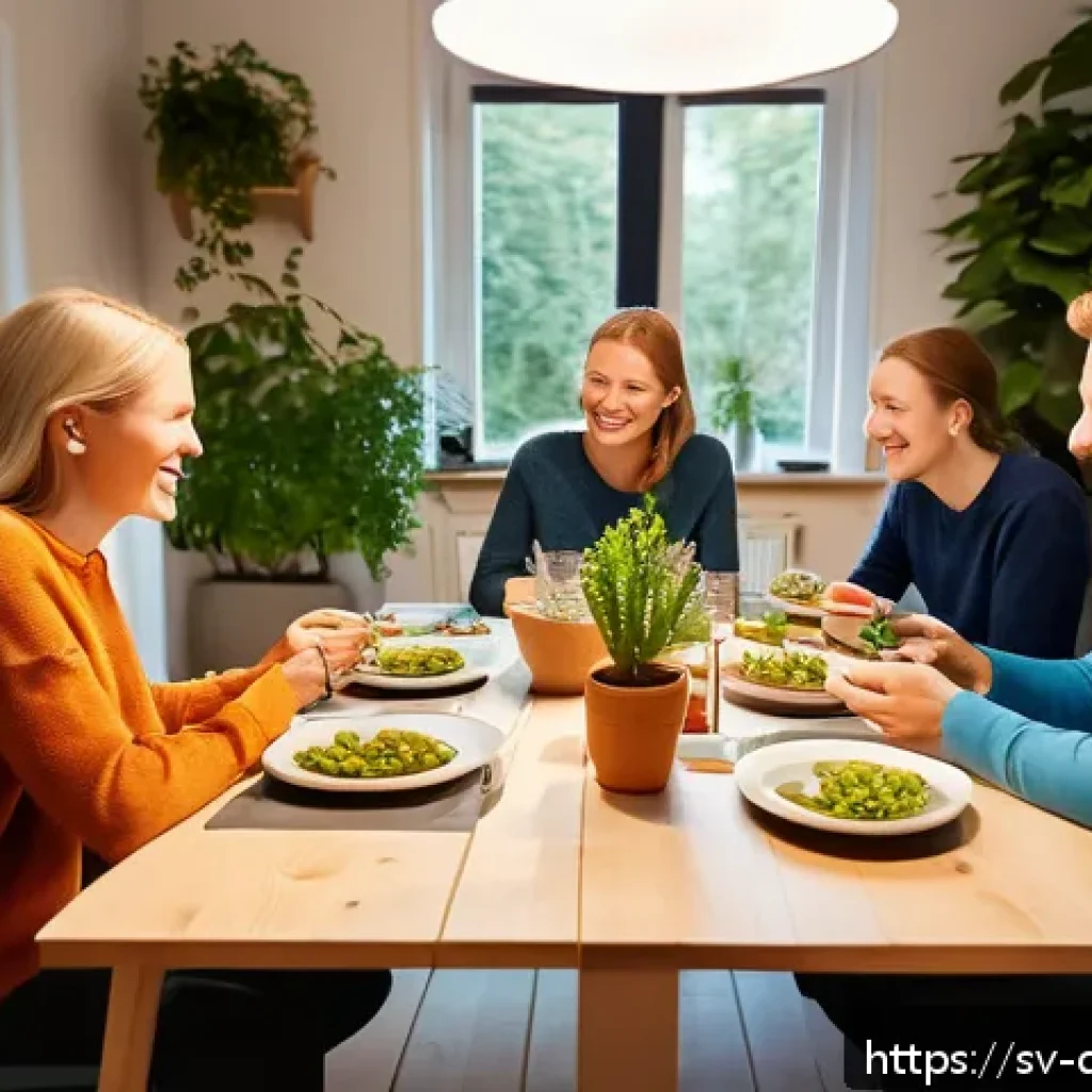 디지털 체험의 균형을 잡는 방법 - A cozy Scandinavian living room scene featuring a family gathered around a wooden dining table witho...