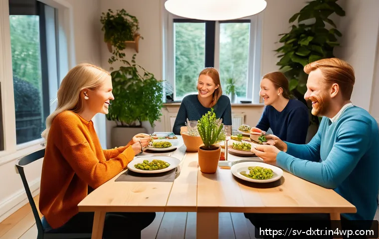 디지털 체험의 균형을 잡는 방법 - A cozy Scandinavian living room scene featuring a family gathered around a wooden dining table witho...