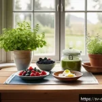 디지털 번아웃을 줄이는 음식과 영양 - A cozy Scandinavian kitchen scene featuring a wooden table set with a nutritious breakfast spread: w...