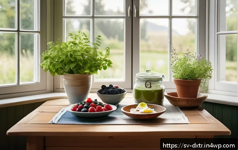 디지털 번아웃을 줄이는 음식과 영양 - A cozy Scandinavian kitchen scene featuring a wooden table set with a nutritious breakfast spread: w...