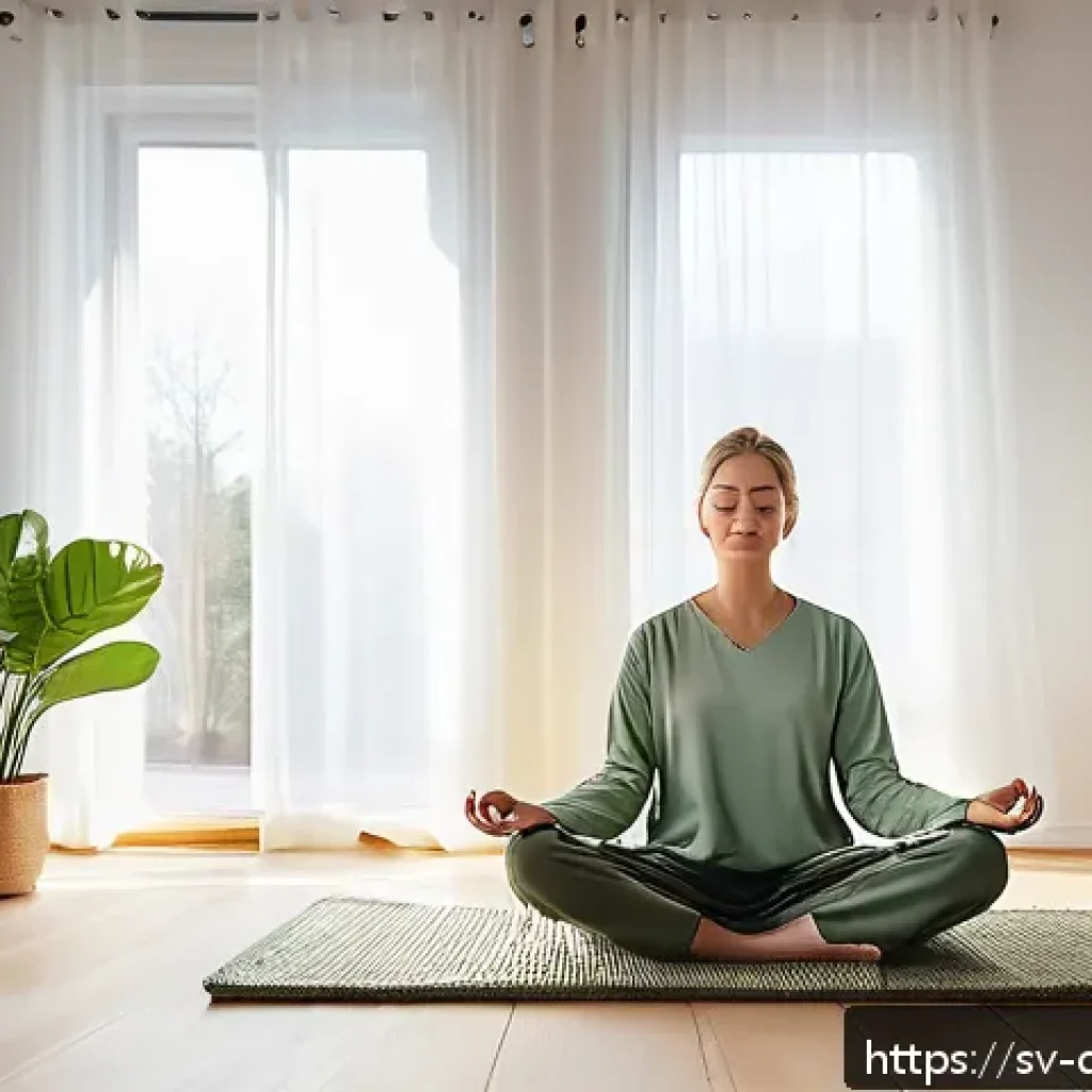 디지털 환경에서의 긍정적 사고 유지하기 - A cozy Scandinavian living room scene in the morning with a young adult woman practicing mindfulness...