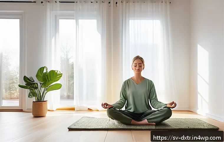 디지털 환경에서의 긍정적 사고 유지하기 - A cozy Scandinavian living room scene in the morning with a young adult woman practicing mindfulness...