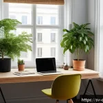 디지털 번아웃 예방을 위한 창의적 접근법 - A cozy, minimalist Scandinavian home office bathed in natural light from large windows, featuring a ...
