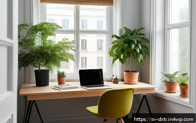 디지털 번아웃 예방을 위한 창의적 접근법 - A cozy, minimalist Scandinavian home office bathed in natural light from large windows, featuring a ...
