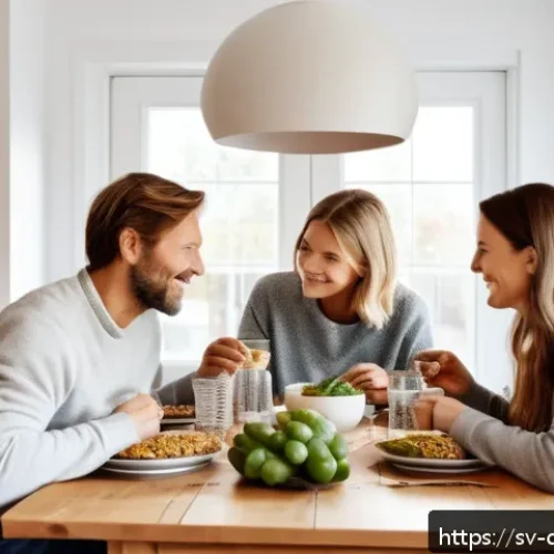 디지털 기기 사용의 사회적 영향 - A cozy Swedish family dinner scene in a modern Scandinavian home, with parents and two children sitt...