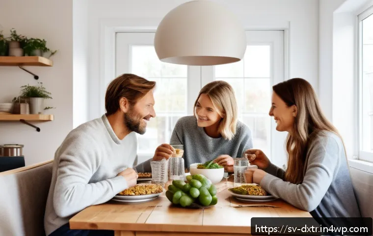 디지털 기기 사용의 사회적 영향 - A cozy Swedish family dinner scene in a modern Scandinavian home, with parents and two children sitt...