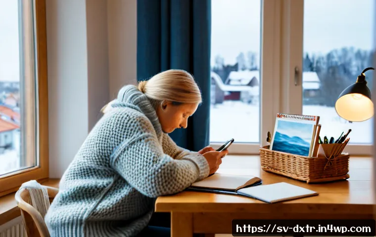 Home 17 디지털 번아웃을 피하는 창의적인 방법 - Photorealistic Swedish home workspace during a calm winter morning, a middle-aged woman in a cozy kn...